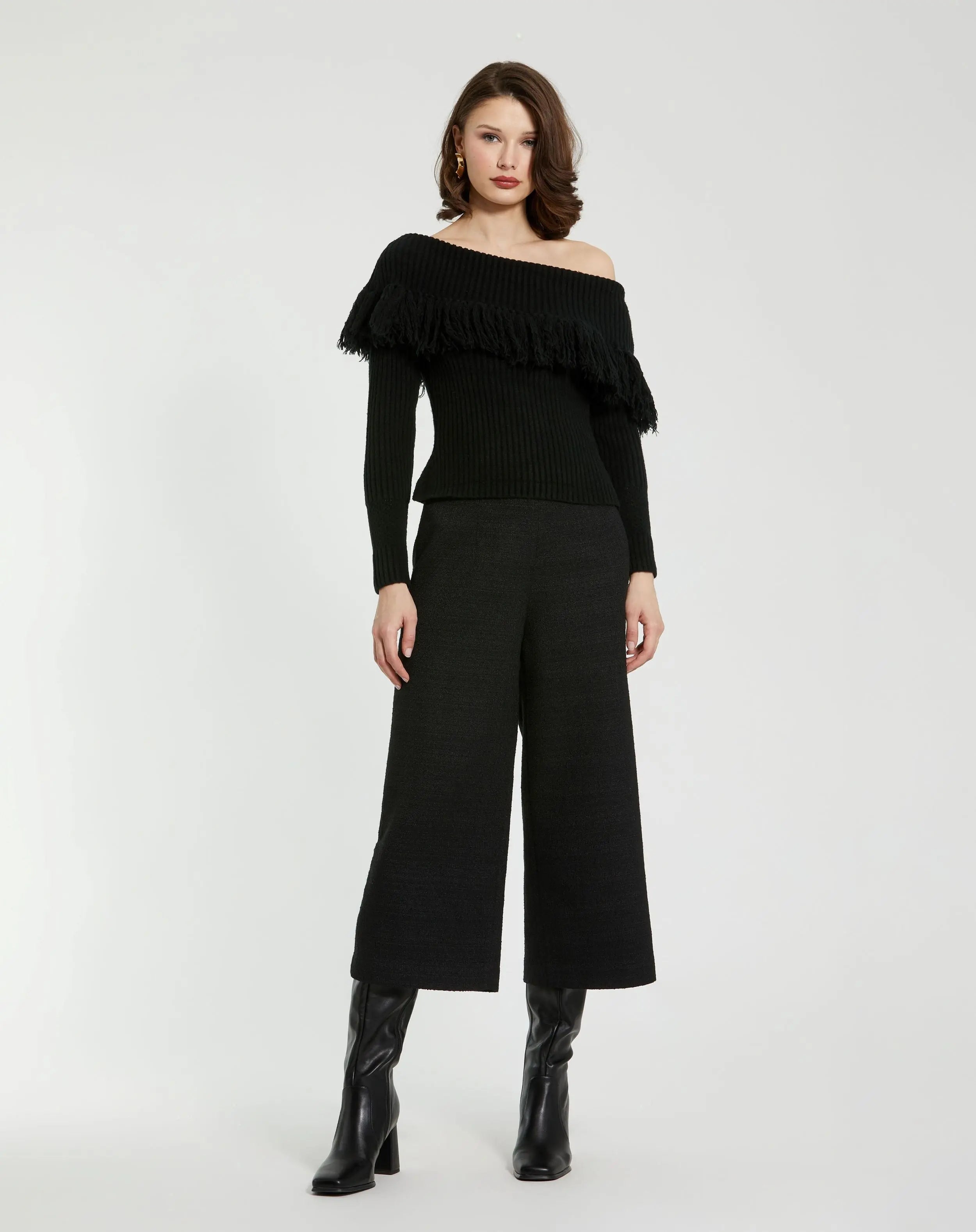 Black Off The Shoulder Fringe Knit Sweater