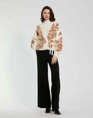 White Cropped Knit Cardigan With Floral Details