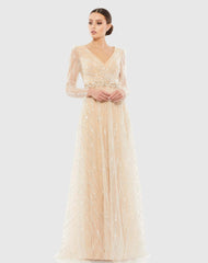 Beige Long Sleeve Gown with Silver Sequin