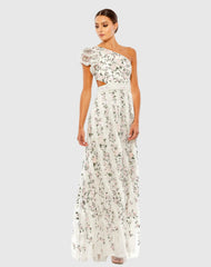 Multicolor Embroidered Ruffled One Shoulder Lace Up Gown