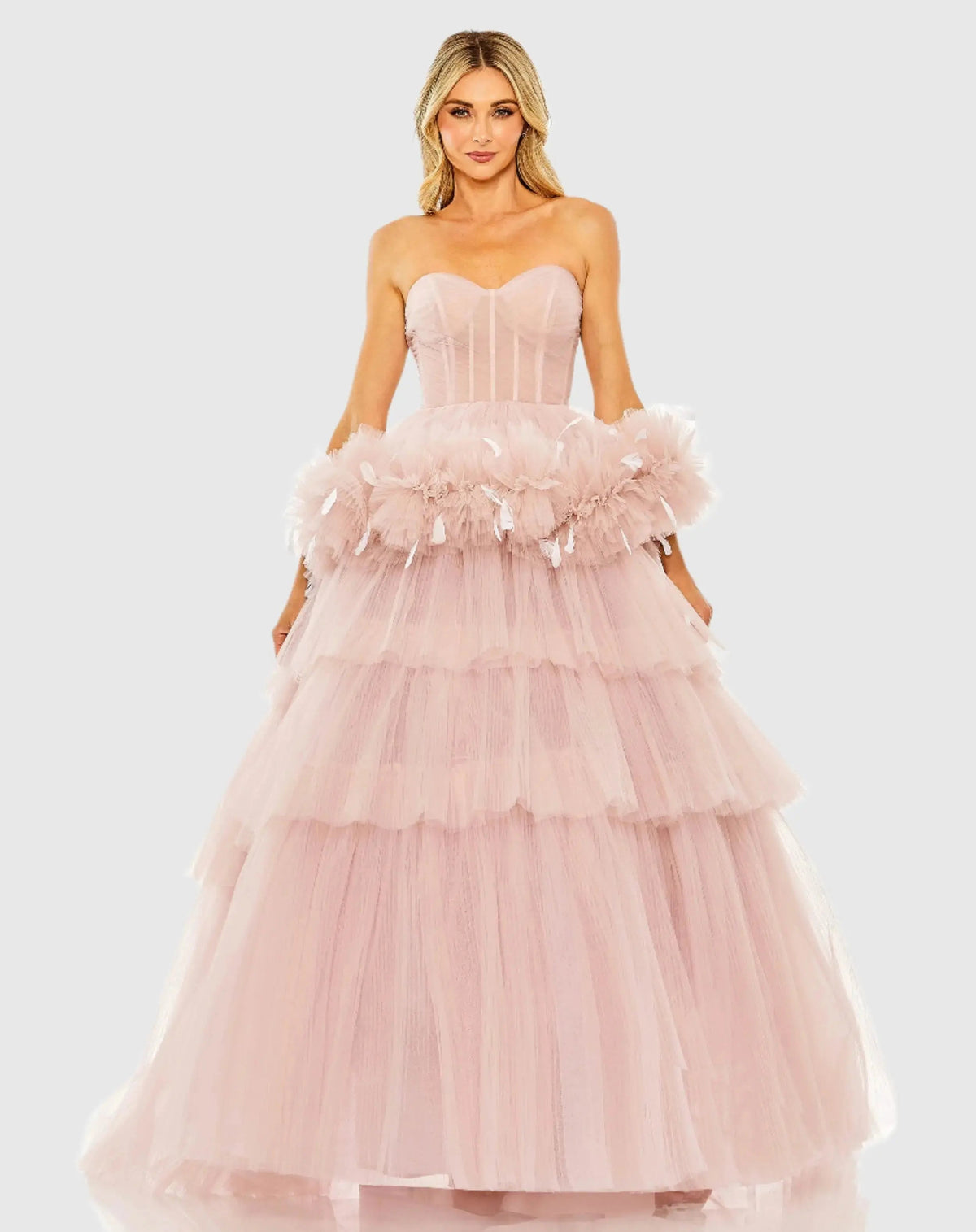 Pink Strapless Tulle Gown with Feather Detail - FINAL SALE