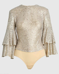 Silver Ruffle 3/4 Sleeve Sequin Bodysuit - FINAL SALE