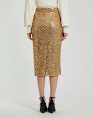 Gold Georgette Embellished Fitted Midi Pencil Skirt