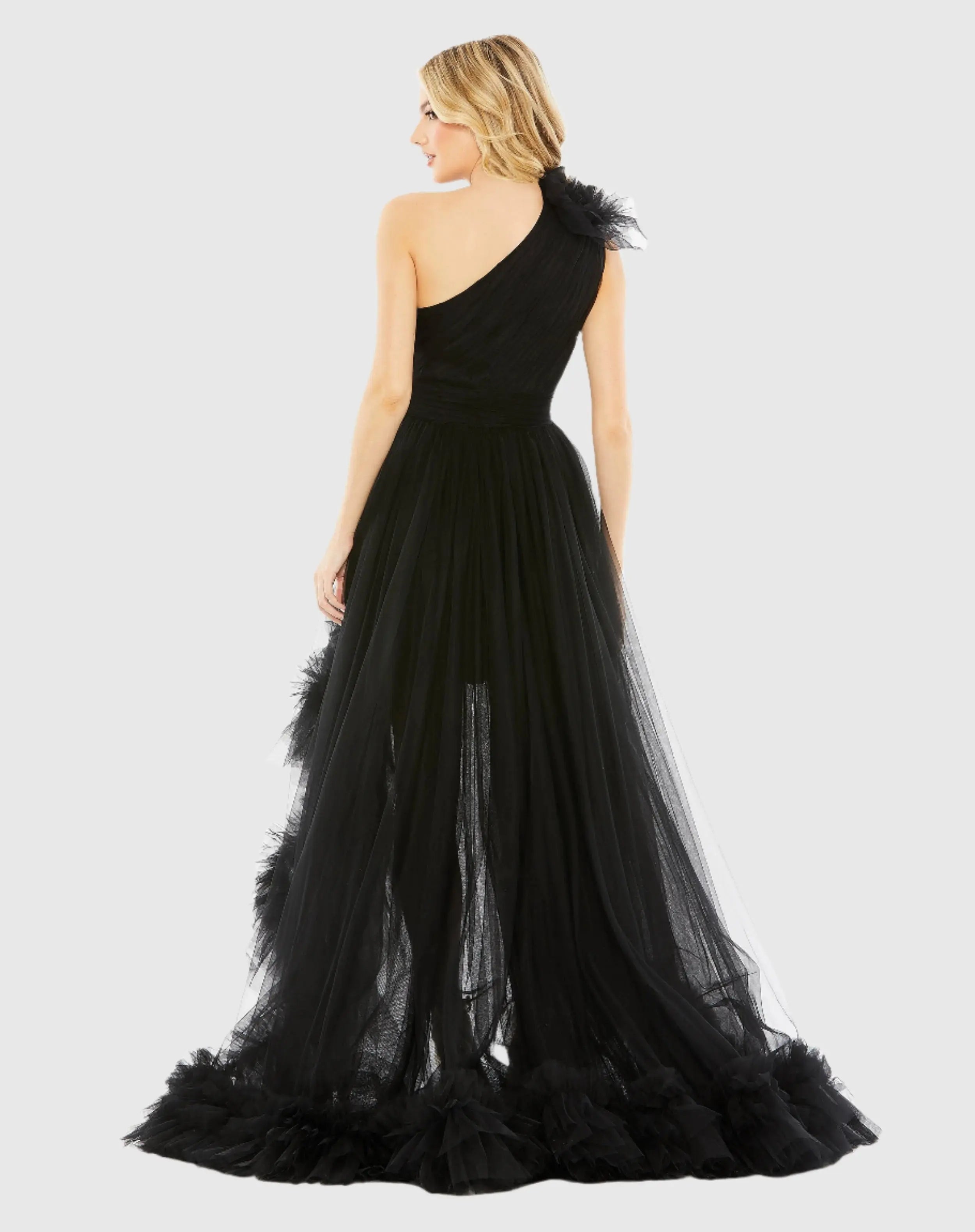 Black Ruffled One Shoulder High Low Tulle Gown