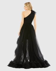 Black Ruffled One Shoulder High Low Tulle Gown
