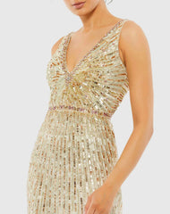 Gold Sequin Embellished Sleeveless Evening Gown