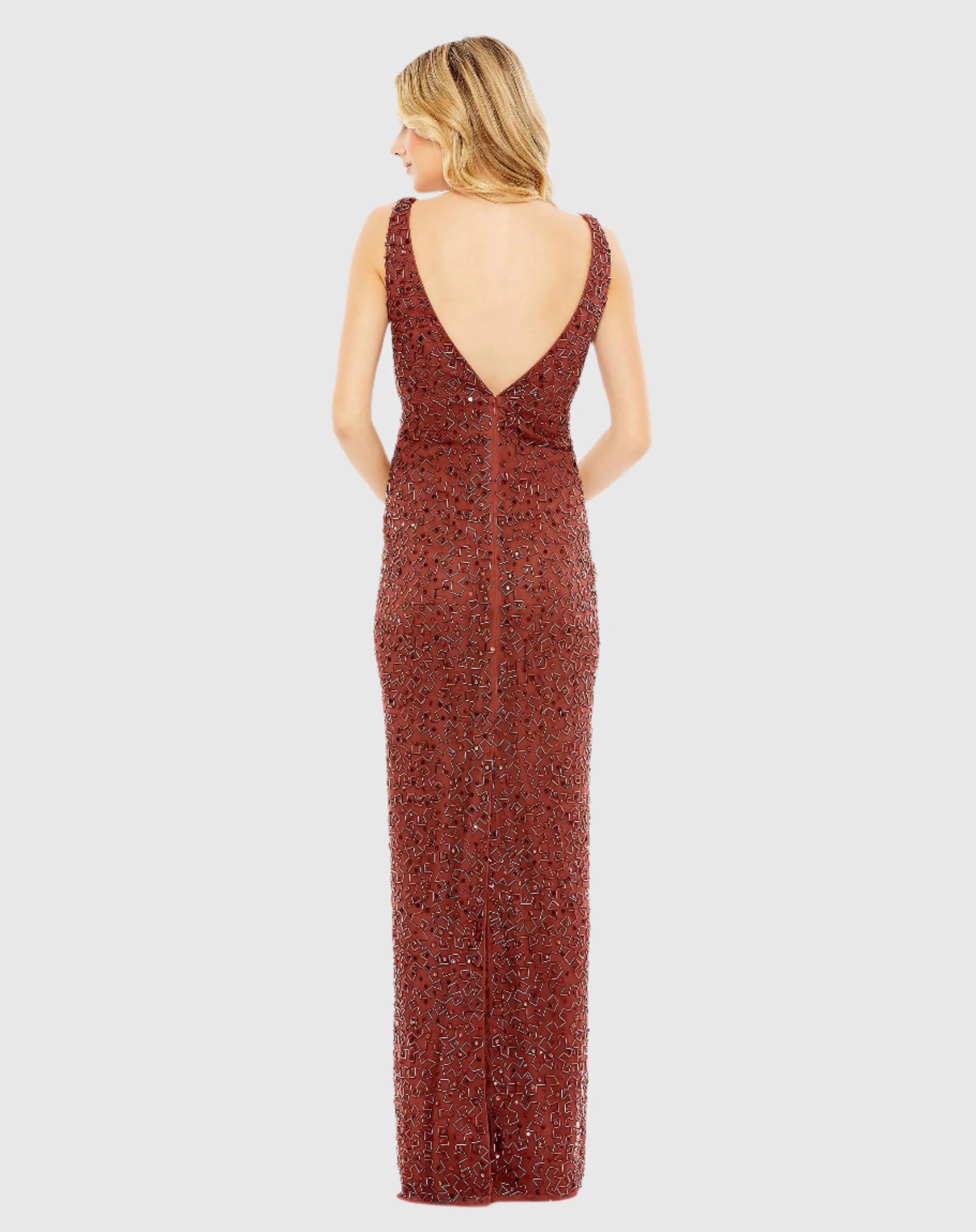 Red Sleeveless Sequined V-Neck Gown