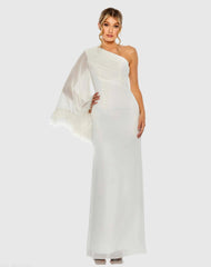 Feather Cuff One Shoulder Ruched Gown